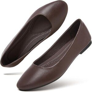 Women's Coffee PU Leather Closed Toe Slip on Comfortable Ballet Flats Shoes